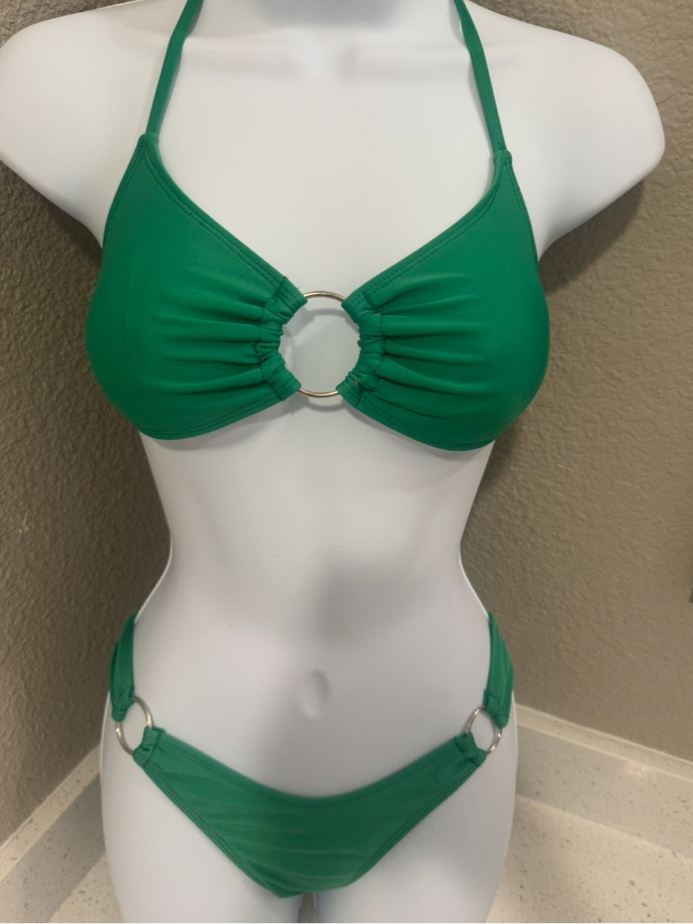 Melissa Odabash Green Ring-Detail Halter Bikini